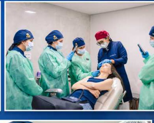 Médicos em treinamento prático com paciente